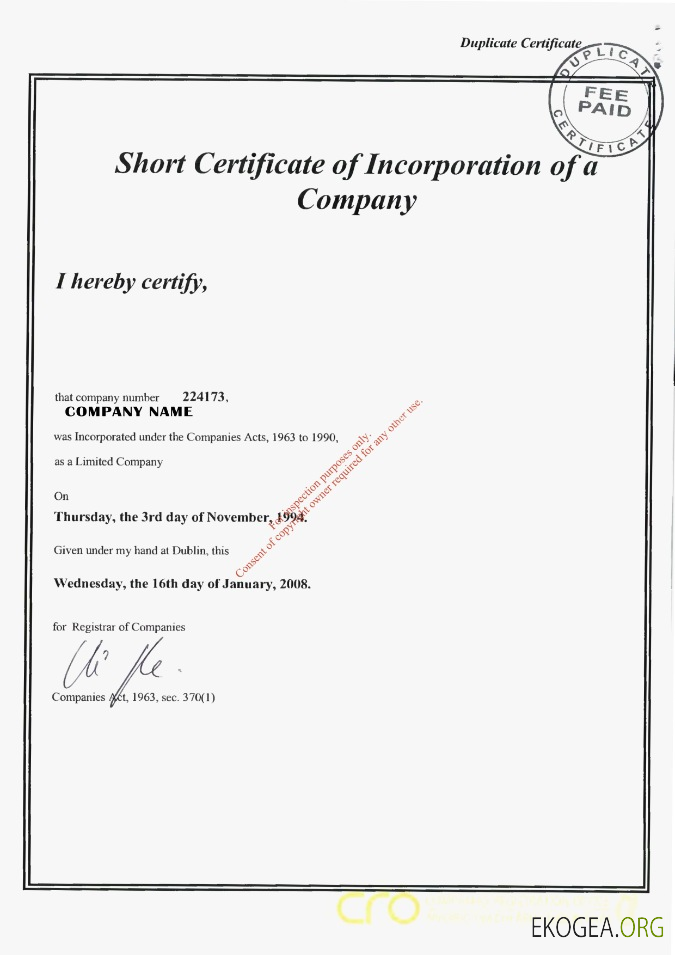 Irlande Certificat de constitution